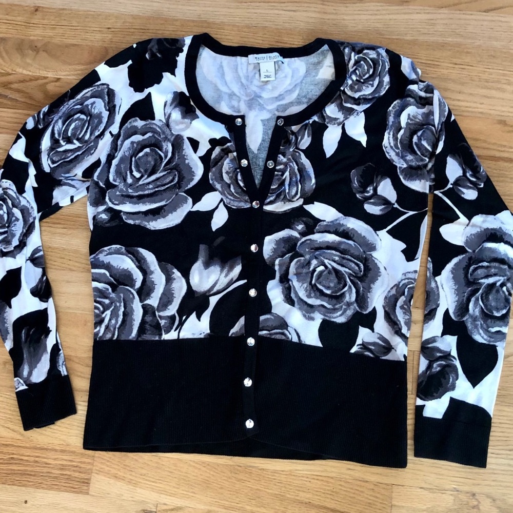 WHBM Rose Print Cardigan with Rhinestone Snaps